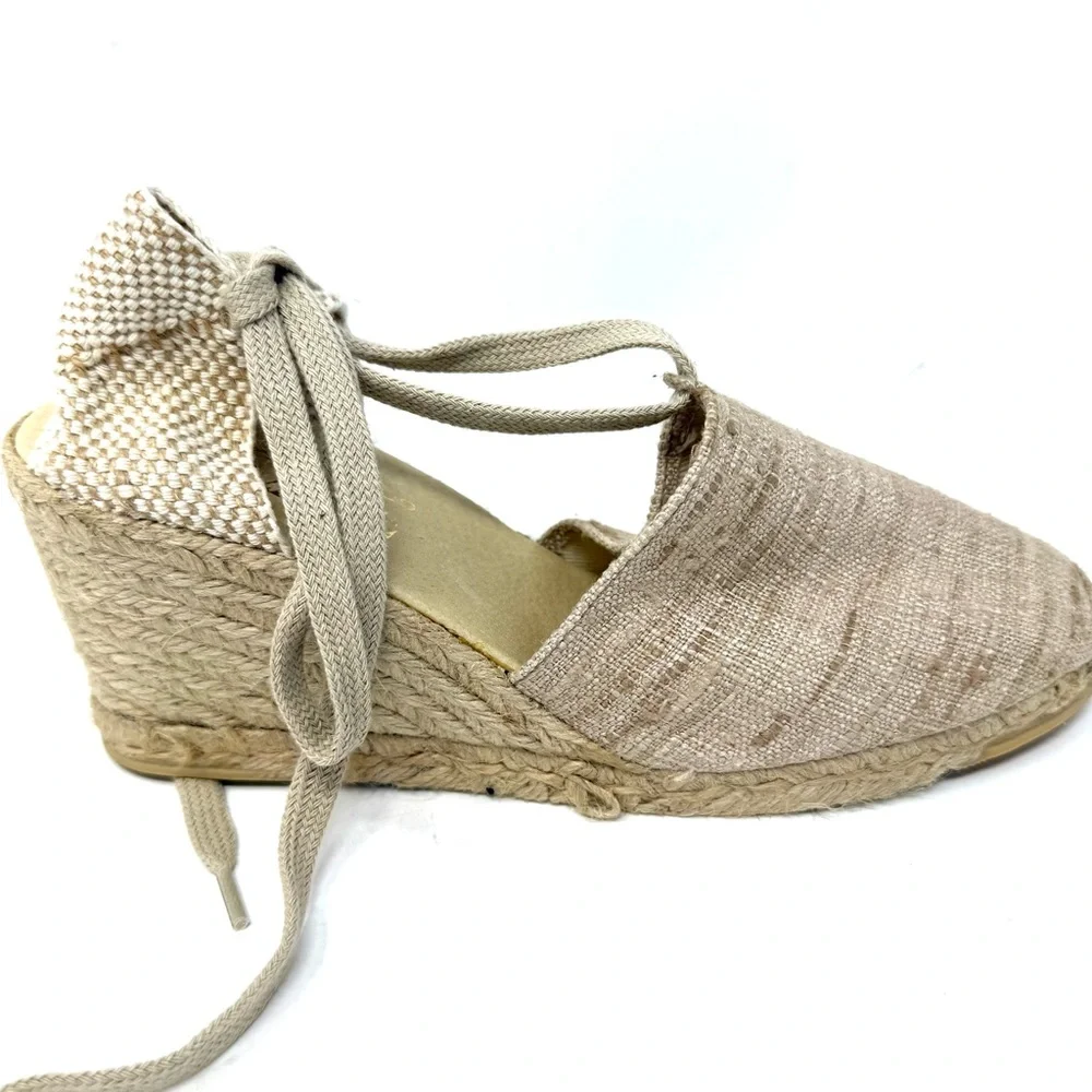 Andre Assous Lennon Espadrille Wedge Sandals 9.5 Woven Luxury Boho Beige Tie‎
